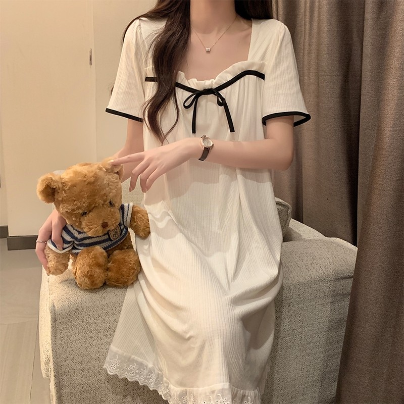 夏天睡裙女夏季短袖纯棉2025新款网红风学生可爱杏色睡衣裙