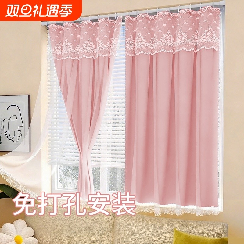 免打孔窗帘飘窗阳台遮挡帘卧室门帘玄关隔断帘纱布一体帘纱帘客厅