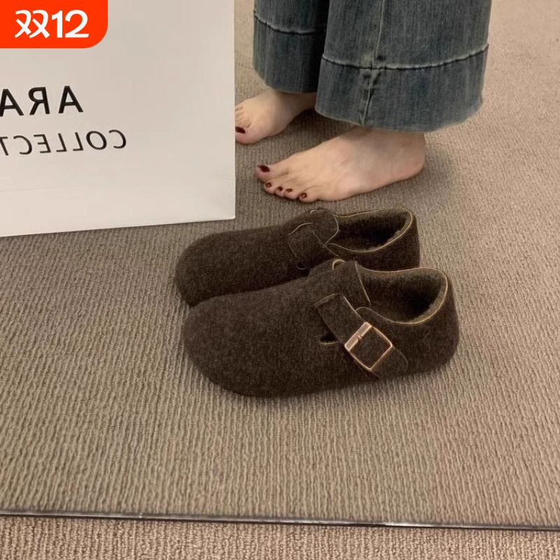 厚底灰色毛呢全包勃肯鞋女2025新款秋冬一脚蹬加绒豆豆鞋博肯棉鞋