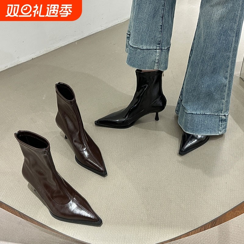 尖头短靴女2025年秋冬新款靴子加绒短筒靴小众瘦瘦女靴细跟高跟鞋