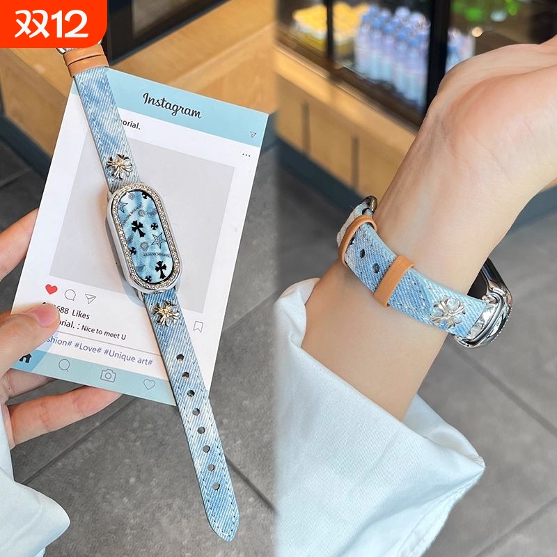 复古十字架适用小米手环10表带做旧扎染牛仔布8/9陶瓷版克罗星银色钻壳智能运动配件腕带通用八九十代