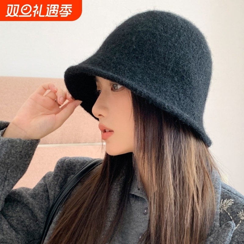 韩系纯色毛绒渔夫帽子女秋冬高级感保暖百搭盆帽素颜显脸小水桶帽