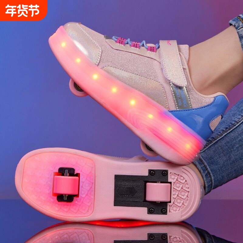 新款儿童发光暴走鞋双轮男童轮滑鞋女童充电轮子鞋学生粉色轱辘鞋