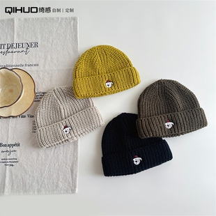【HOT】小狗头刺绣儿童冷帽套头针织帽子秋冬天男童女童包头保暖