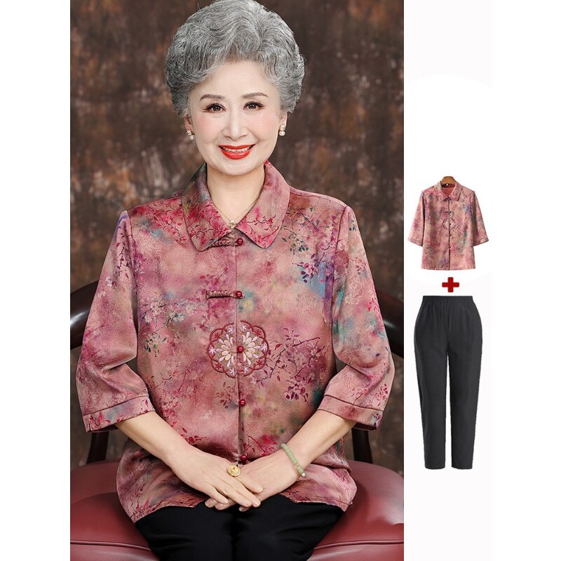 中老年人女士夏装新中式真丝衬衫妈妈装婚礼国风唐装奶奶衬衣薄款
