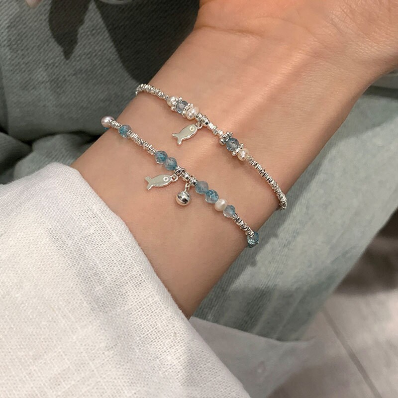 蓝色水晶碎银小鱼手链女小众设计感轻奢优雅时尚气质百搭手环手饰