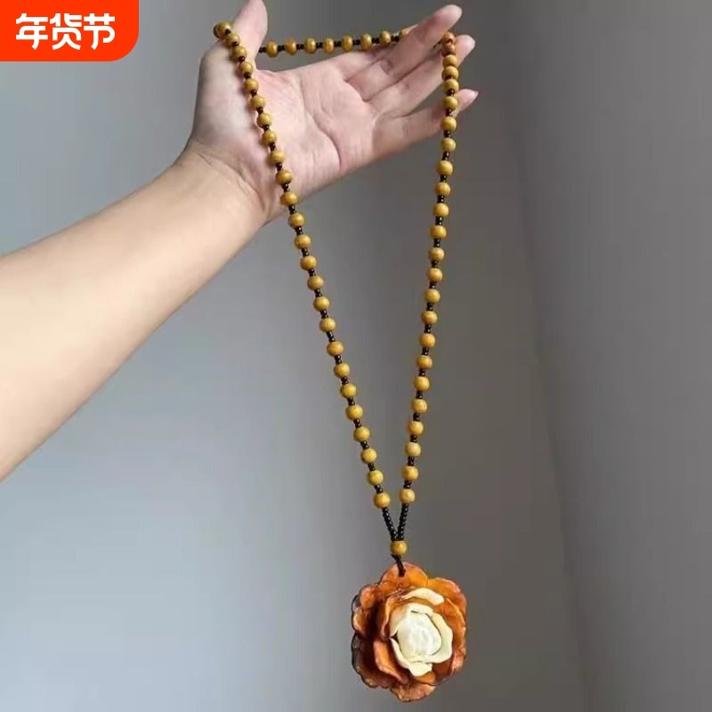 「枯木逢春」复古棕色串珠花朵项链独特百搭气质长款美拉德锁骨链
