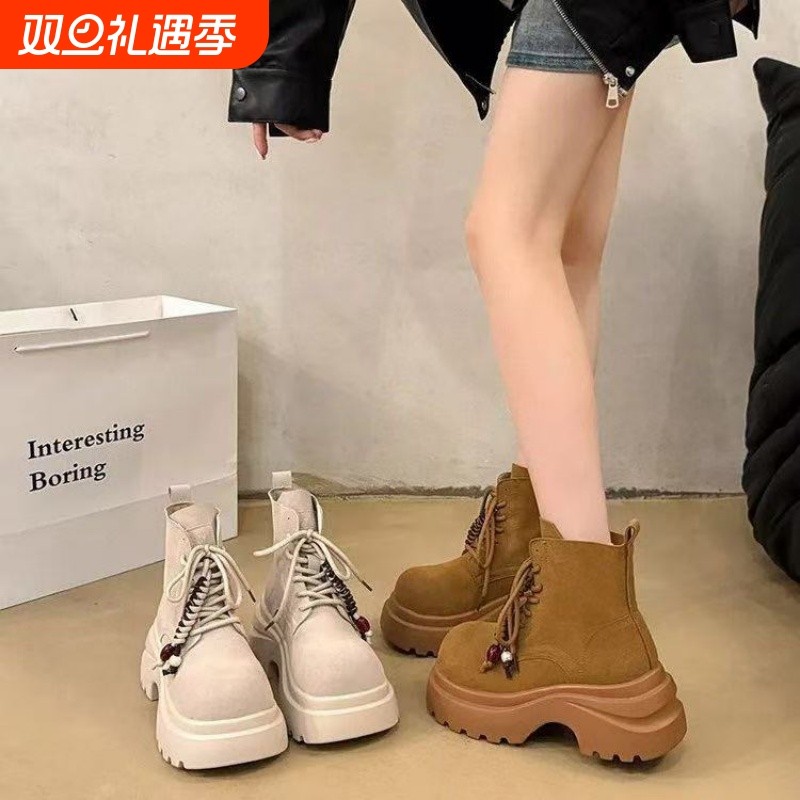 翻毛皮真牛反绒皮复古厚底大黄靴25冬季新款短靴增高马丁靴鞋子女
