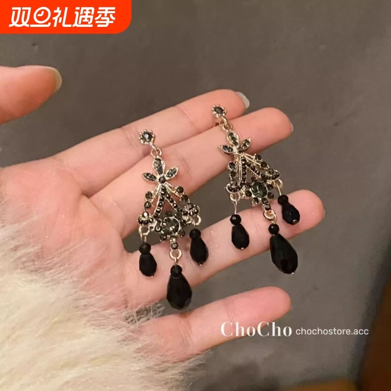 香榭街道 复古宫廷风黑色流苏夸张vintage小众设计高级感耳环