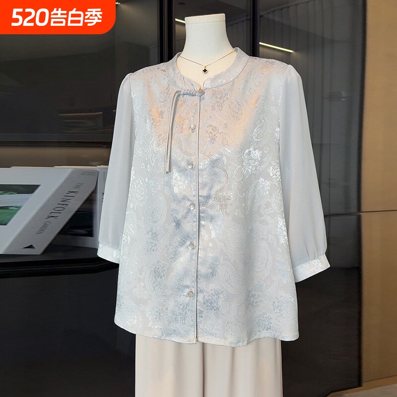新中式国风妈妈春夏装缎面衬衫2026新款洋气时尚小衫中老年人上衣