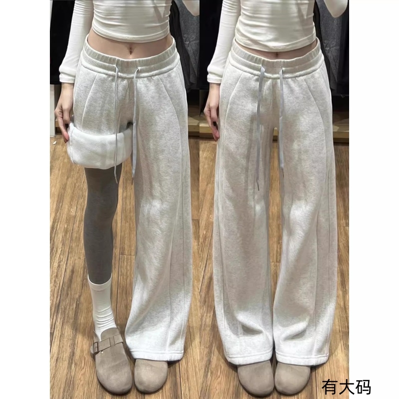 美式加绒阔腿裤子女秋冬季2025新款窄版直筒运动休闲卫裤大码灰色