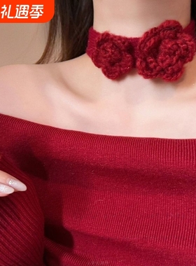 秋冬氛围感针织花朵颈链女高级感温柔气质小众毛衣链百搭项链配饰