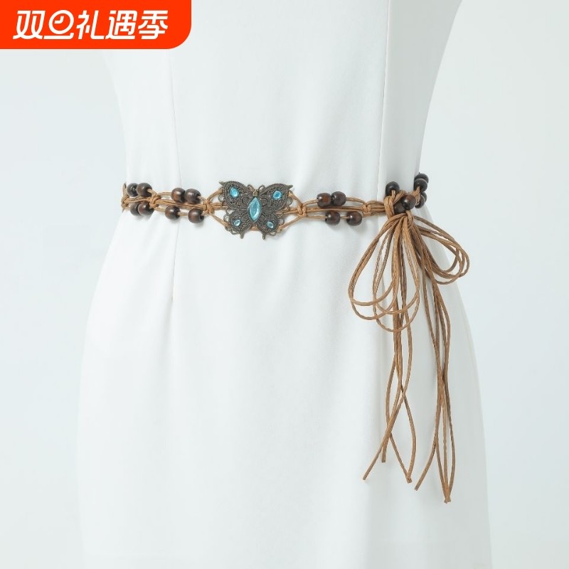 波西米亚腰带编织腰链女士配饰裙子2024新款复古民族风蓝色蝴蝶结