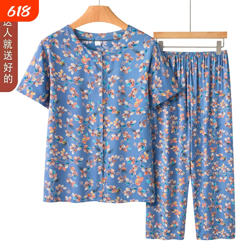 中老年人夏装女棉绸开衫套装奶奶短袖上衣裤子太太休闲家居服睡衣