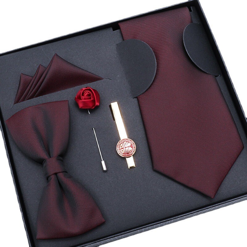 礼服5件套结婚新郎领带男正装商务领结方巾领带夹免打拉链手打8cm