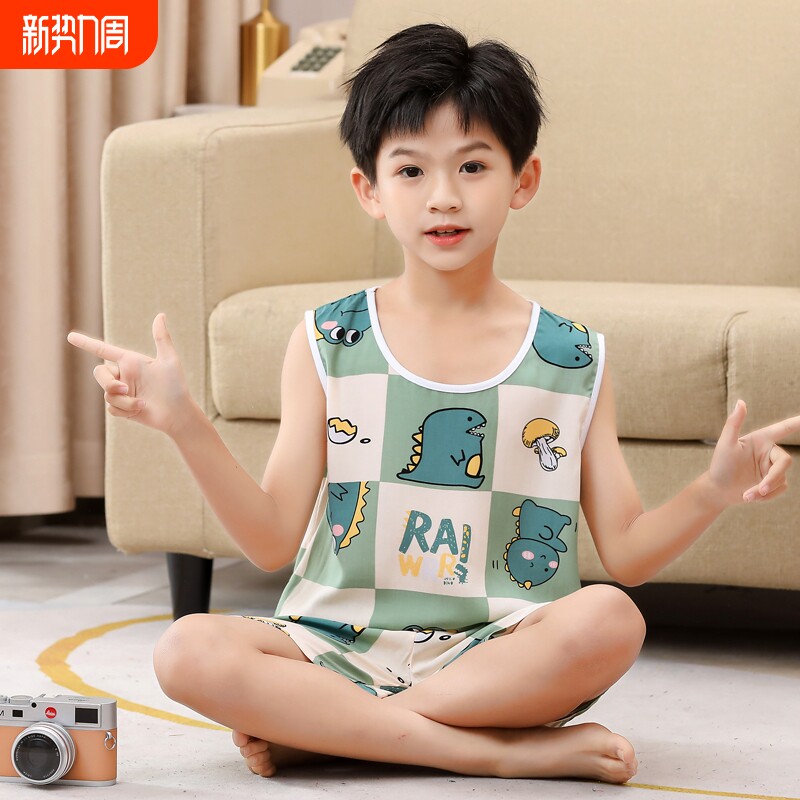 夏天儿童家居服背心套装绵绸睡衣薄款男童空调服坎肩无袖套装棉绸