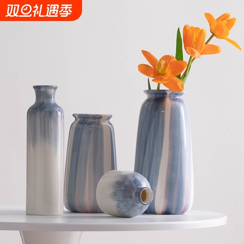 手绘水培简约ins风陶瓷装饰干花蓝色鲜花花瓶客厅插花摆件玄关