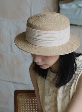 草编防晒帽草帽夏季轻法式平顶户外出游遮阳小礼帽女士黑色可折叠