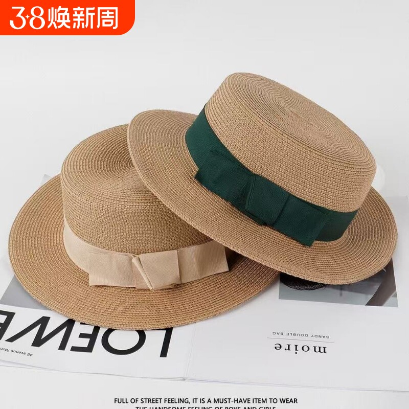 日系草帽女夏天复古平顶小清新礼帽遮阳防晒沙滩帽子出游渔夫帽潮