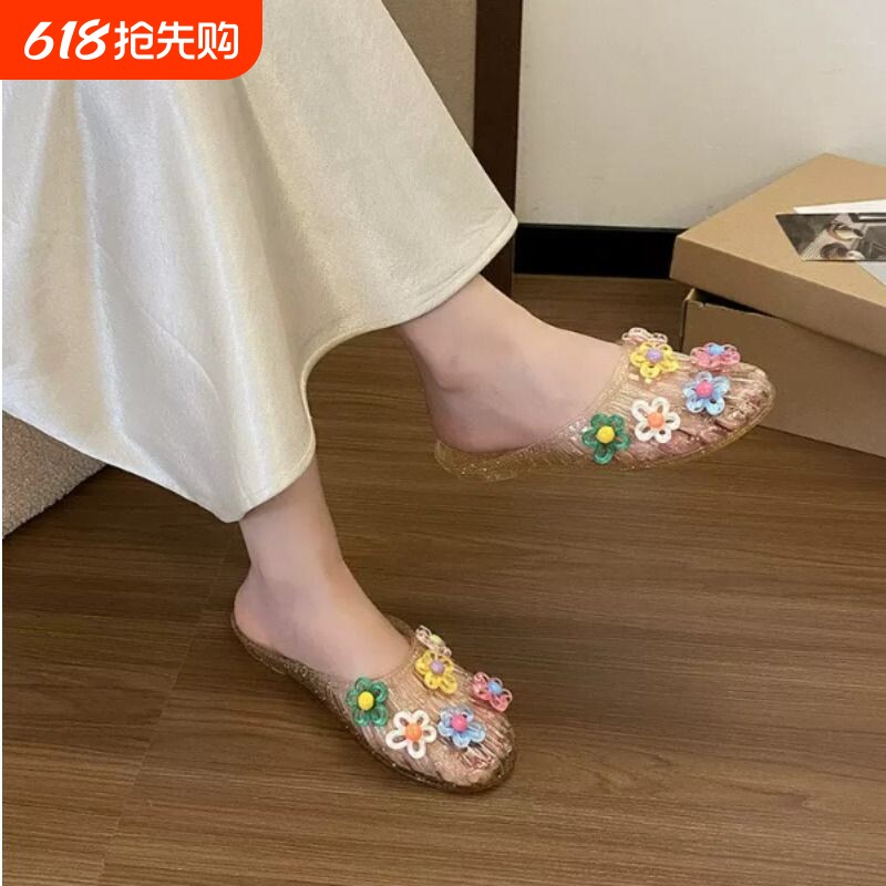 水晶鞋2026新款凉鞋女平底透明半拖外穿鞋果冻鞋软底凉拖鞋包头女