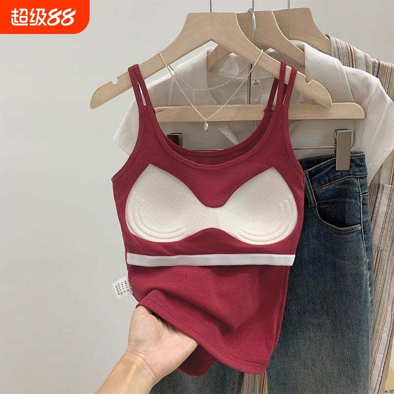 内搭吊带背心女春夏2026带胸垫红色美背文胸一体上衣聚拢白色灰色