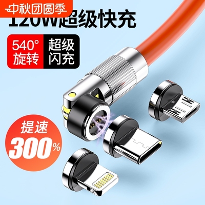 120W快充数据线type-c磁吸弯头适用华为小米苹果手机充电线荣耀vivo安卓oppo车载usb6A一拖三传输多用自动