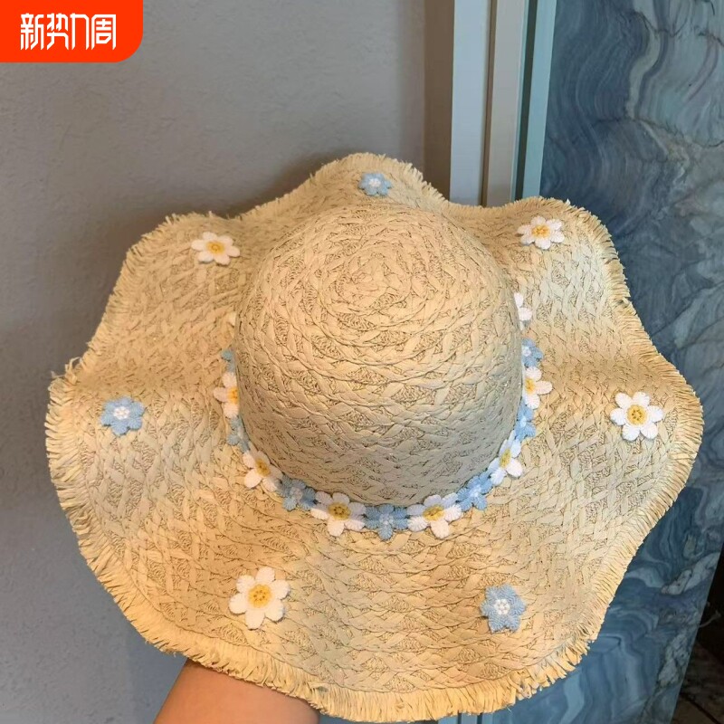 夏季大帽檐遮阳度假风拍照花朵海边草帽女沙滩防晒帽蝴蝶结可折叠