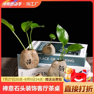 禅意石头装饰客厅茶桌茶宠摆件水培花盆器皿创意绿萝小花器粗陶瓷