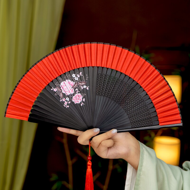 古风扇子折扇随身便携中式汉服表演专属跳舞舞蹈扇大红色开合丝滑