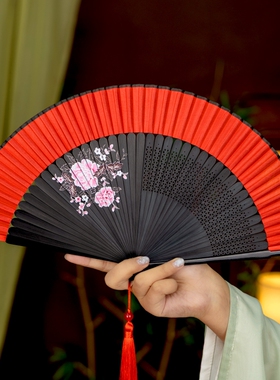 古风扇子折扇随身便携中式汉服表演专属跳舞舞蹈扇大红色开合丝滑