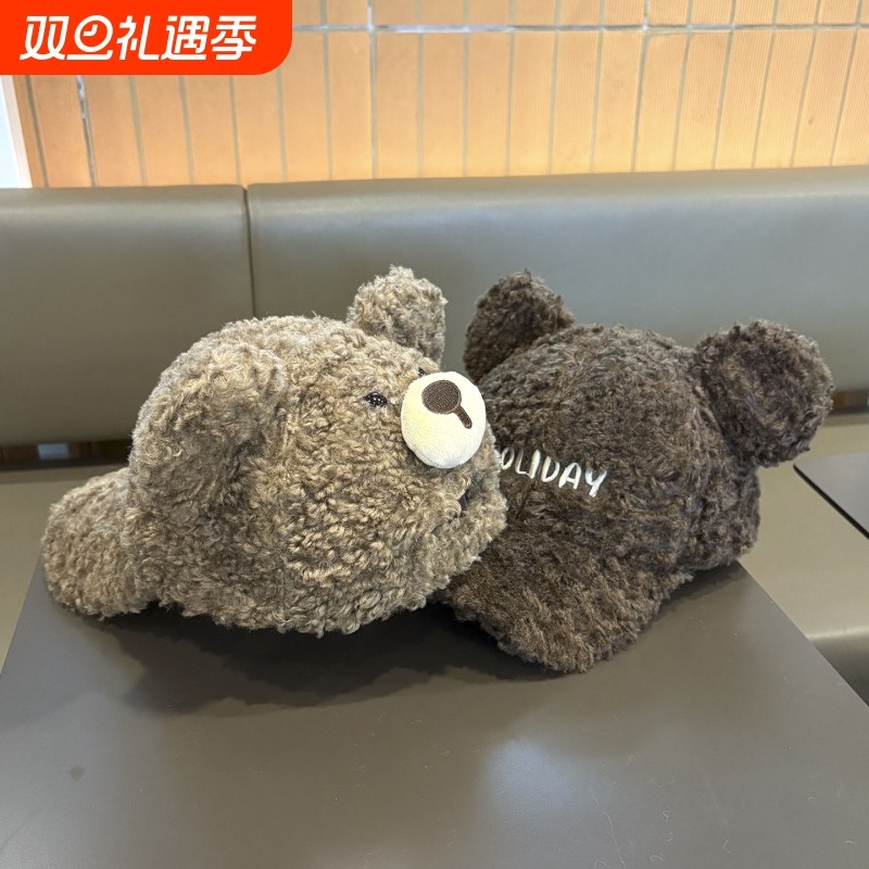 可爱小熊耳朵羊羔绒帽子女秋冬保暖棒球帽百搭显脸小包头鸭舌帽潮