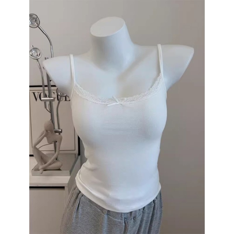 春夏纯欲风蕾丝吊带带胸垫背心女蝴蝶结内搭外穿打底上衣白色粉色