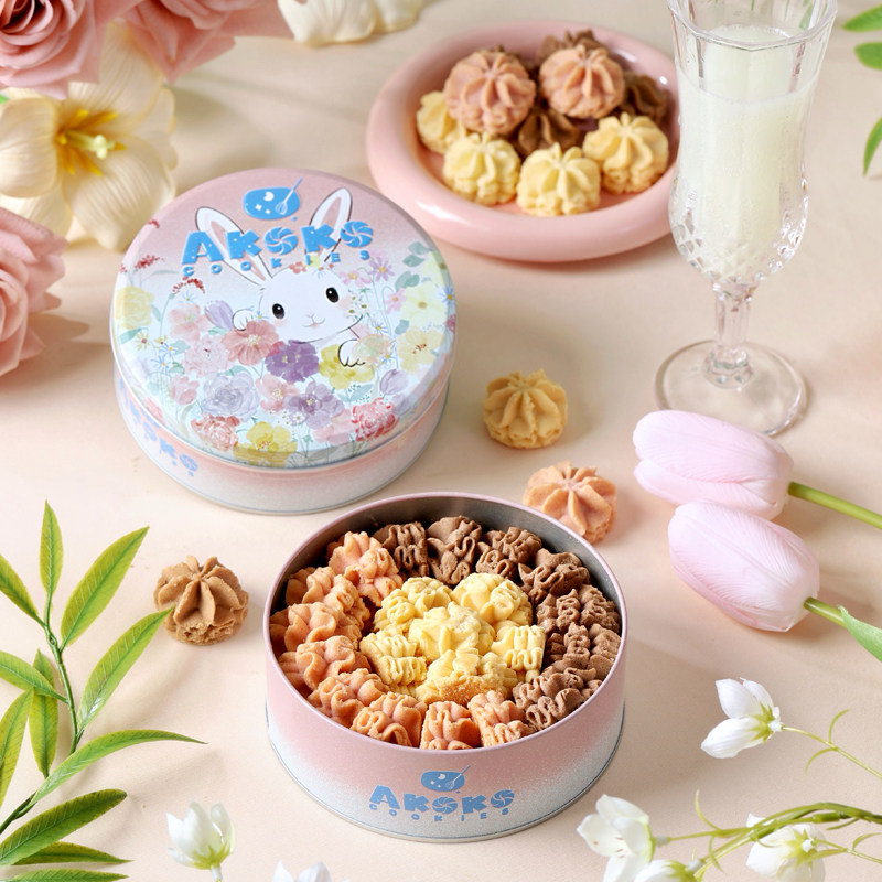 AKOKO曲奇饼干进口黄油零食小花海盐送礼糕点抹茶咖啡下午茶铁盒