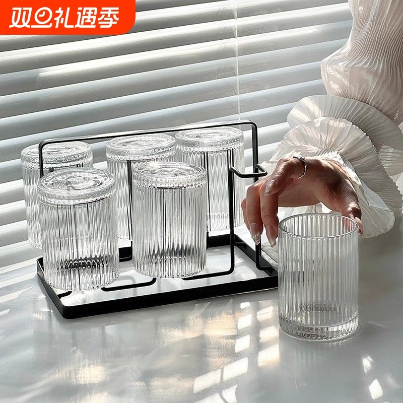 ins简约竖纹玻璃杯冰美式咖啡杯牛奶吸管杯杯架套装家用待客便携