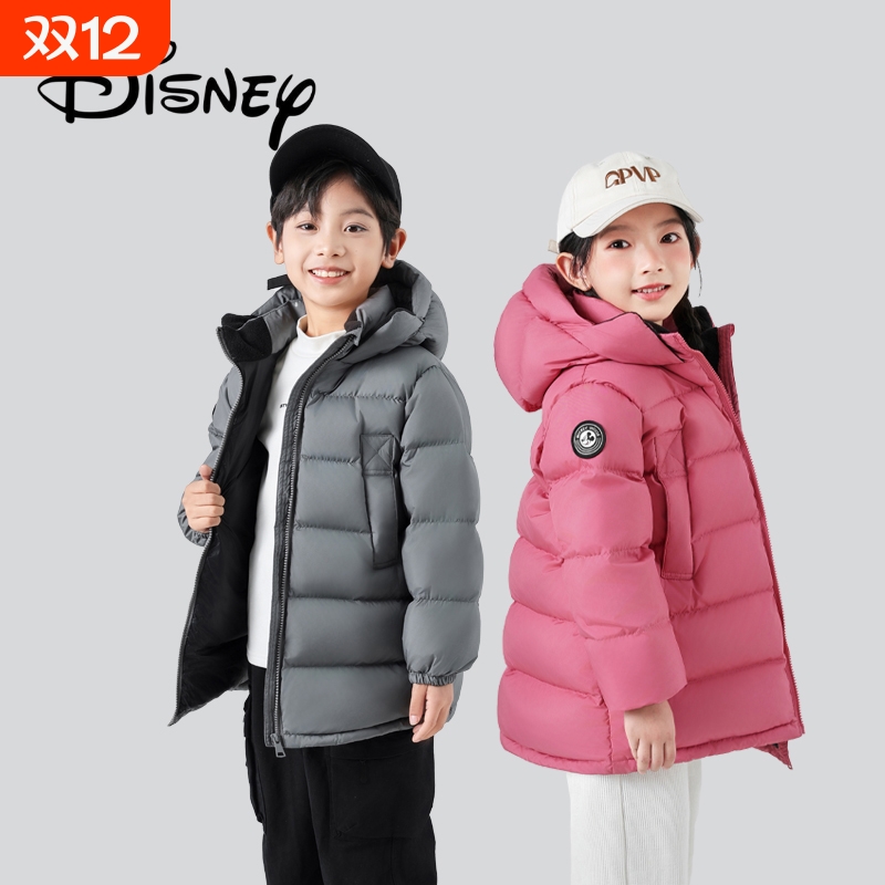 Disney/迪士尼儿童中长款羽绒外套男女童加厚冬装红色内胆白鸭绒