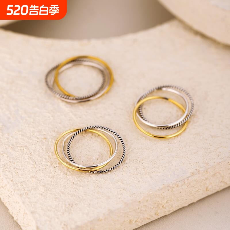 韩版s925银三圈戒指女式 时尚跨境电商分色三层泰银麻花扭纹戒指
