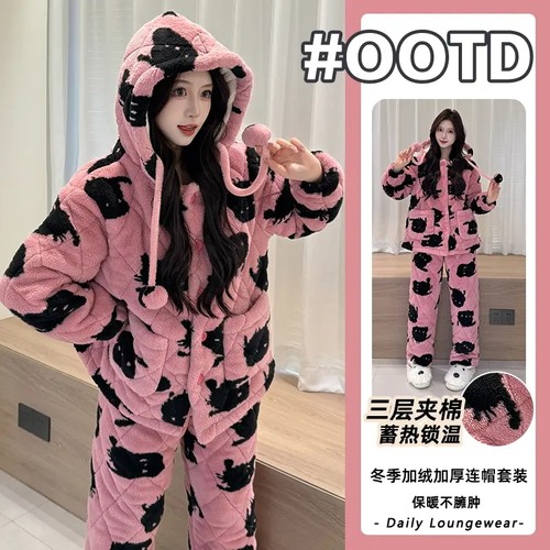 冬季珊瑚绒夹棉加厚连帽睡衣女款