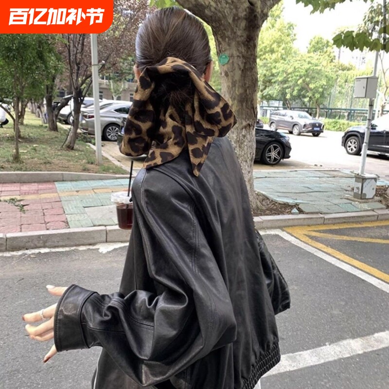 港风布艺方形豹纹褶皱发圈复古高马尾头绳时尚气质高级感发绳发饰