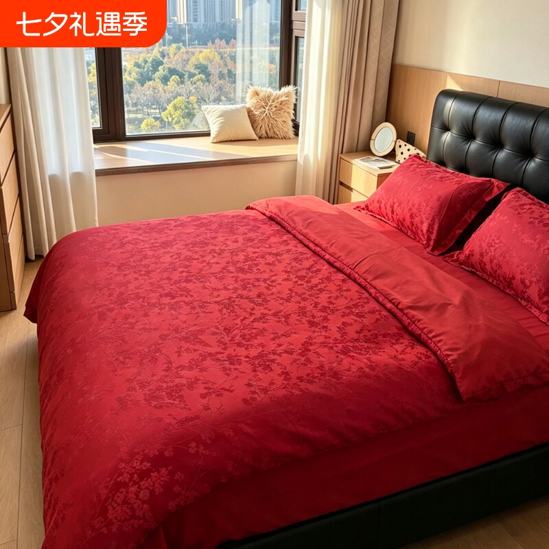 提花冰丝婚庆四件套酒红色被套结婚婚房床单床上用品新婚婚礼