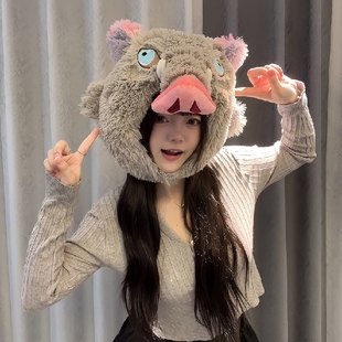 伊之助头套玩偶毛绒玩具鬼灭之刃嘴平猪猪公仔搞怪帽子生日礼物男