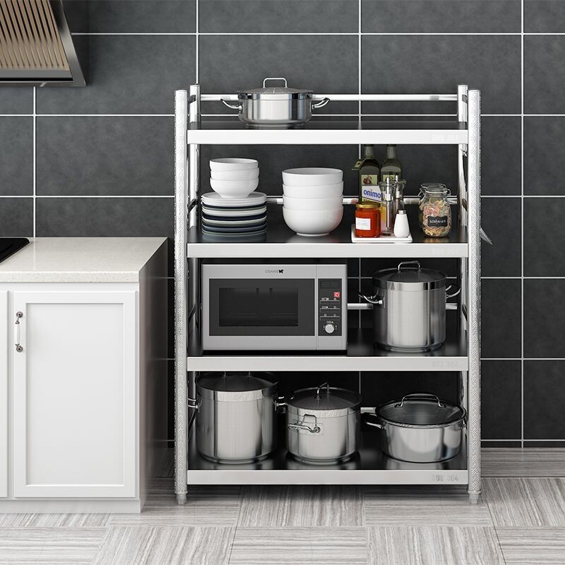 特厚花纹304不锈钢厨房置物架带围栏三层落地微波炉架子储物架4层