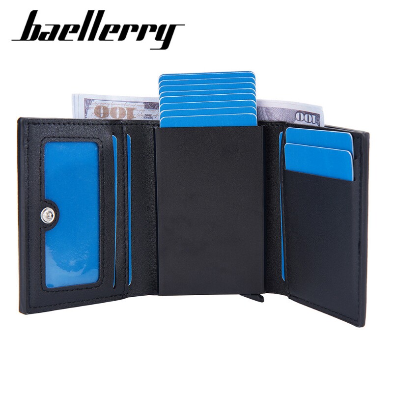 Baellerry新款男士卡包欧美RFID三折多卡位钱包底推弹卡金属卡盒