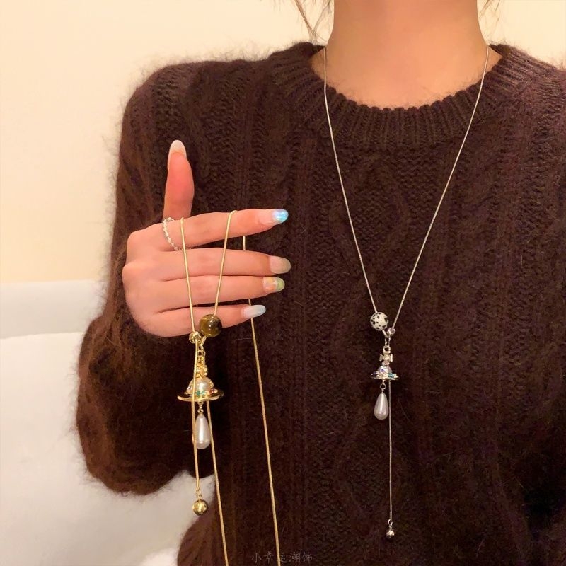 复古虎眼石星球吊坠可抽拉项链女轻奢高级感毛衣链配饰气质锁骨链