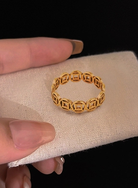 蛇年八方来财铜钱戒指2025新款金色素圈指环送闺蜜钱多多对戒饰品