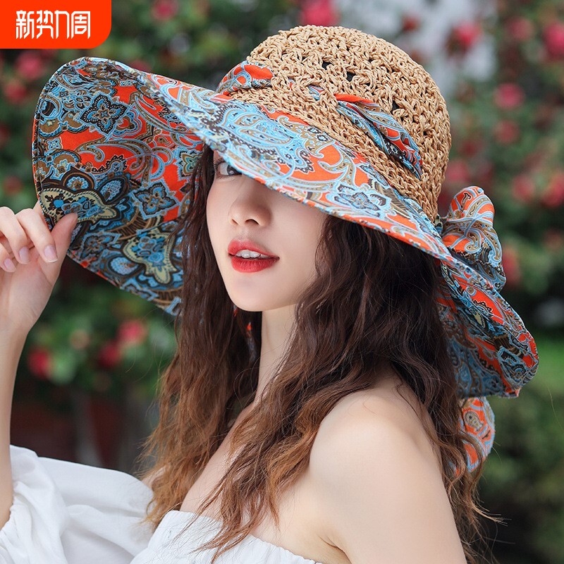 夏天大檐波西米亚草编帽子女海边沙滩遮阳防晒防紫外线太阳帽草帽