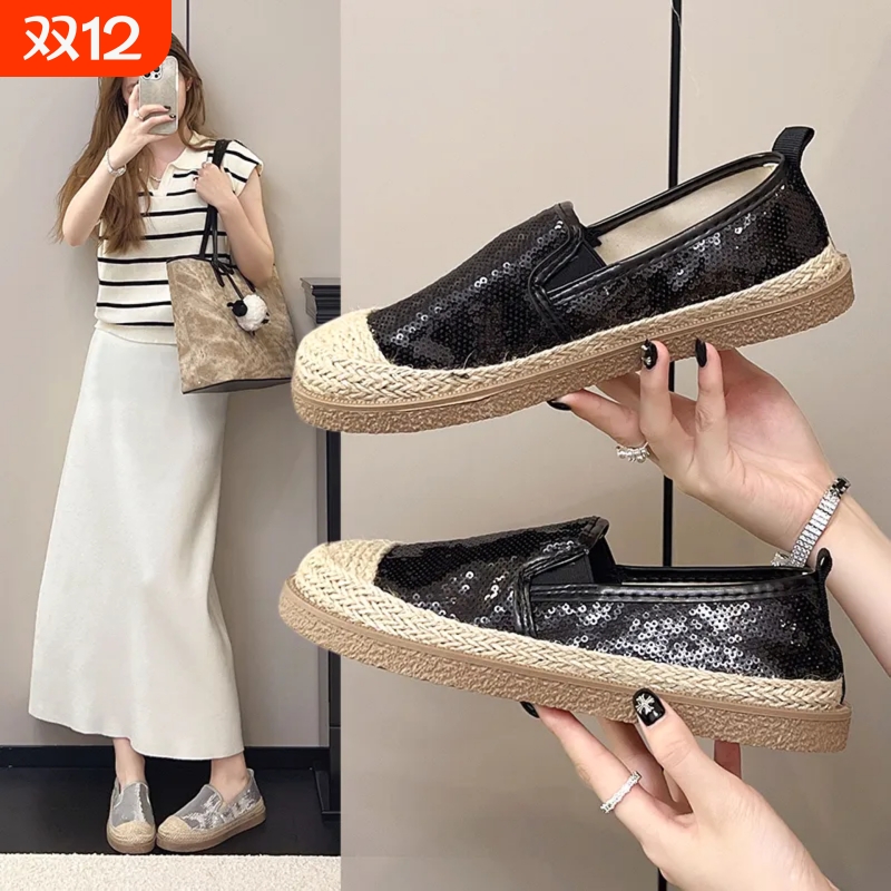 春秋新款亮片渔夫鞋舒适透气防滑一脚蹬懒人鞋亚麻软底时尚女鞋