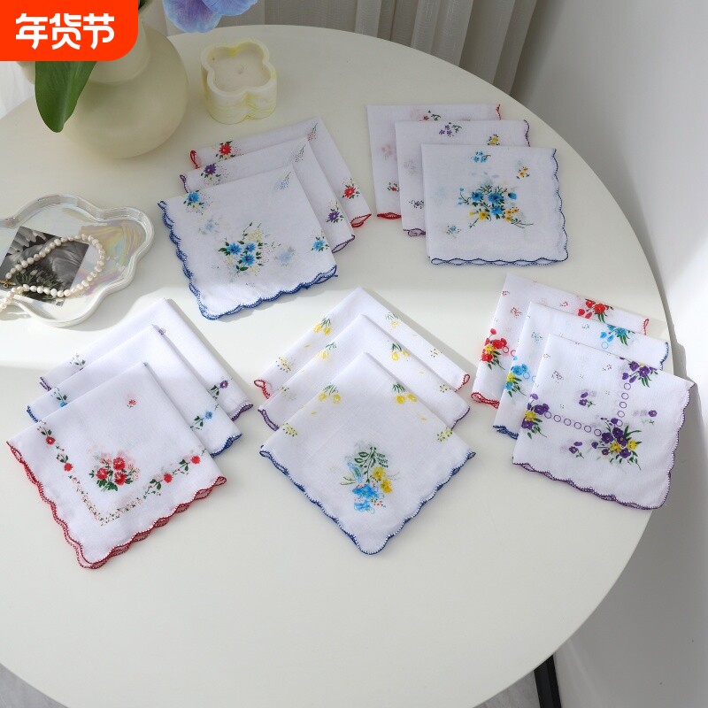 全棉印花手帕女士手帕月牙边复古吸汗清爽小手帕女士小手绢碎花