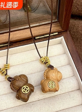 中式马上有钱木质吊坠项链吊坠长复古款项链女款毛衣配饰