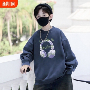 2025秋冬季圆领长袖上衣卫衣美式复古男童潮流宽松男加绒黑色白色