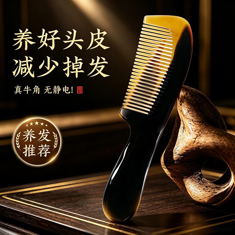 天然牦牛角梳子静电脱发头皮防女士梳家用头部经络按摩梳送礼礼物